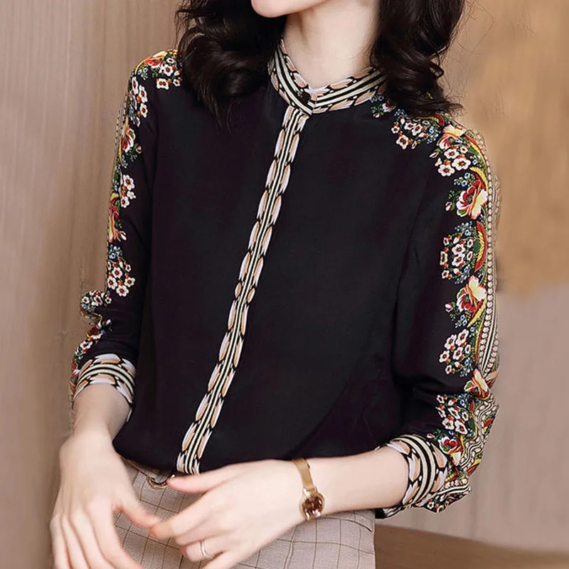 Floral Printed Spliced Elegant Shirt Women's Clothing Spring Autumn Long Sleeve Vintage Commute Slim Polo-Neck Button Blouses