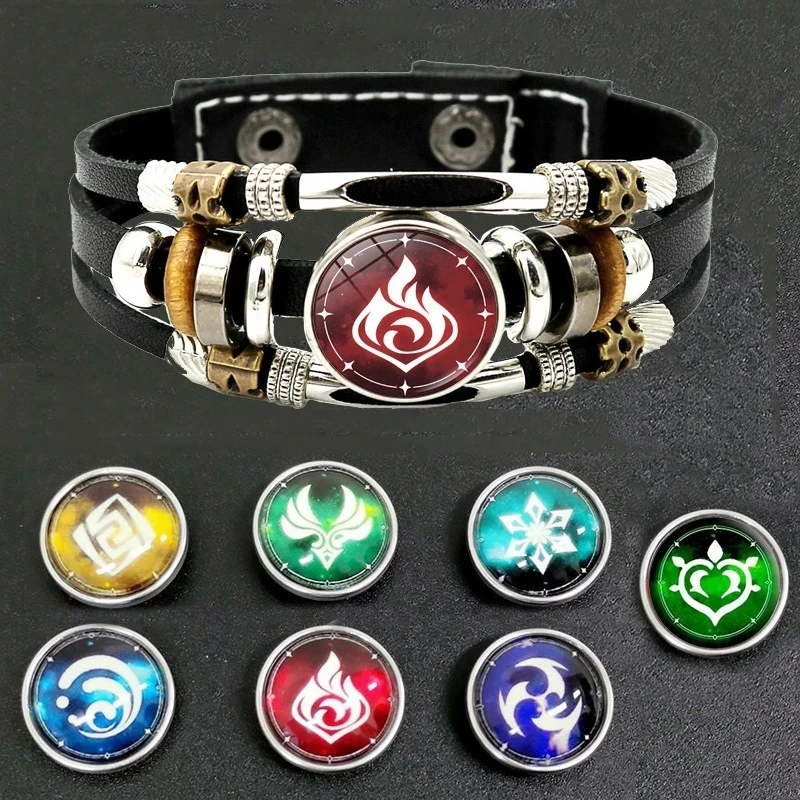 Luminoso Genshin Impact Bracciale In Pelle Gioco Cosplay Puntelli Eye Of God 7 Element Snap Button Bracciali Braccialetto Per Uomo Donna