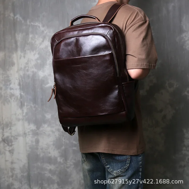 New Men's Full-Grain Leather Backpack Large Capacity Travel & Business Laptop Bag, Durable Anti-Theft Design with Water-Resis