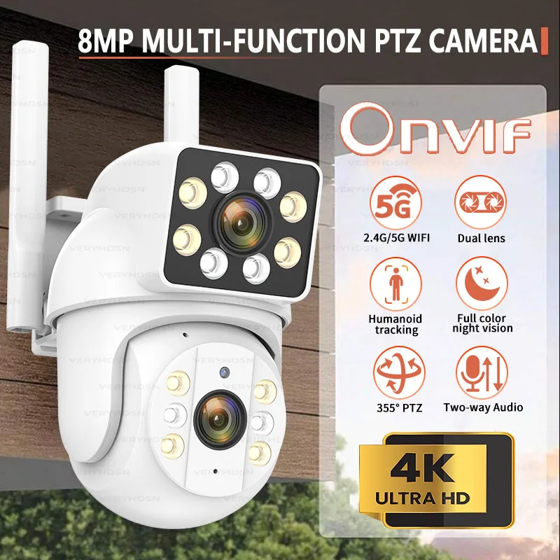 8MP 1/3PCS IP Wifi Camera Dual Lens Wireless Surveillance Cameras Outdoor 8x Zoom Waterproof Detect Tracking Color Night Vision
