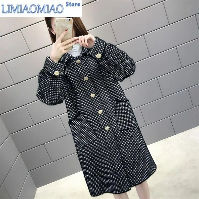 New Autumn Winter Golden Sable Knitted Cardigan Women's Sweater Medium Long Thick Loose Coat Coat Coat Woolen Plaid Large