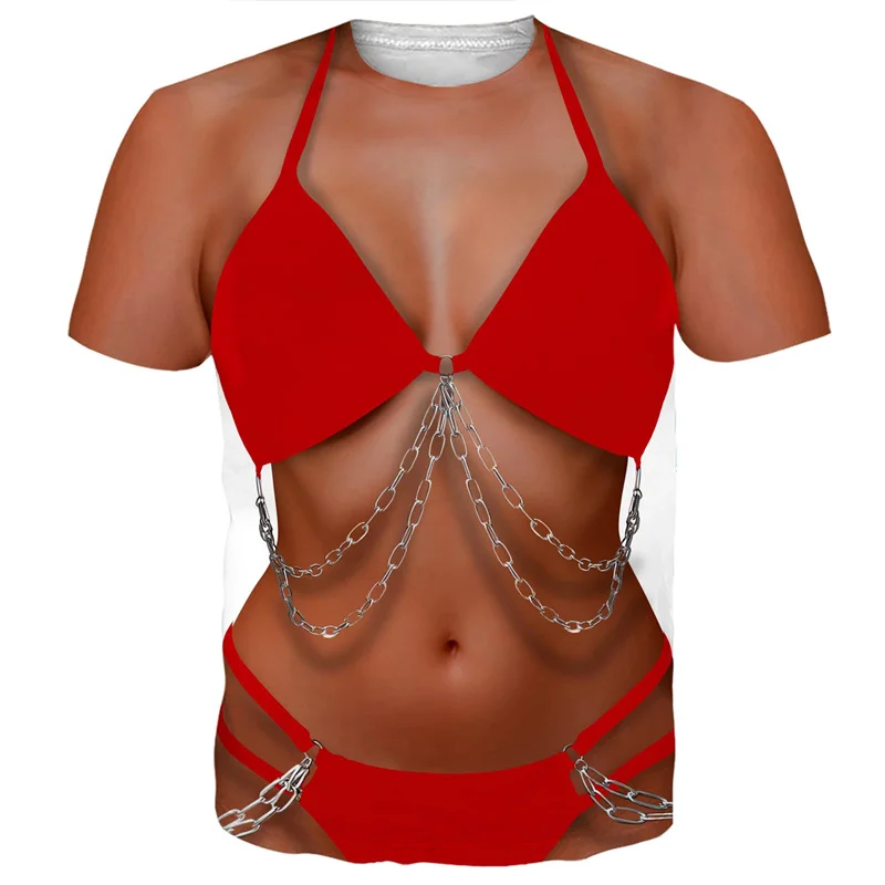 Funny Bikini Graphic T Shirts For Men 3d Printed Fake Abs Muscle Short Sleeve T-shirt Women Cosplay Costume Novelty Tees Shirt