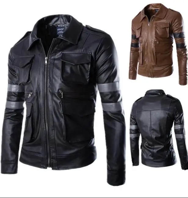 

Куртка-бомбер мужская приталенная, кожаная, с воротником, на весну