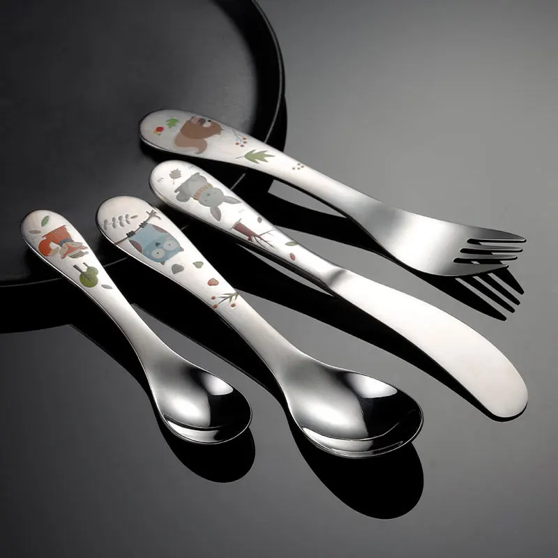 Stainless Steel Kids Cutlery Cartoon Pattern Carving Child Tableware Cute Spoon Fork Set Baby Flatware Feeding Safe Eco Friendly