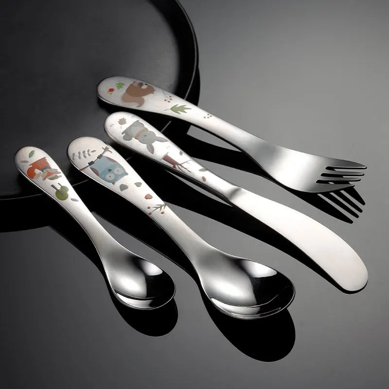 Cutlery Set Stainless Steel Cutlery Set Baby Feeding Spoons Stainless Steel Kids Cutlery Cartoon Pattern Carving Child Tableware Cute Spoon Fork Set Baby Flatware Feeding Safe Eco Friendly
