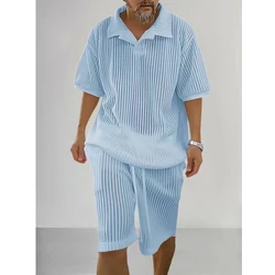 Spring Summer Fashion Knitted Short Sleeve Tops and Shorts Male Two Piece Set Streetwear Casual Loose Solid Men Vintage Suits