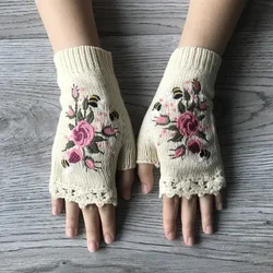 Women's Handmade Embroidery Knit Gloves Flower Hand Fingerless Adult Glove