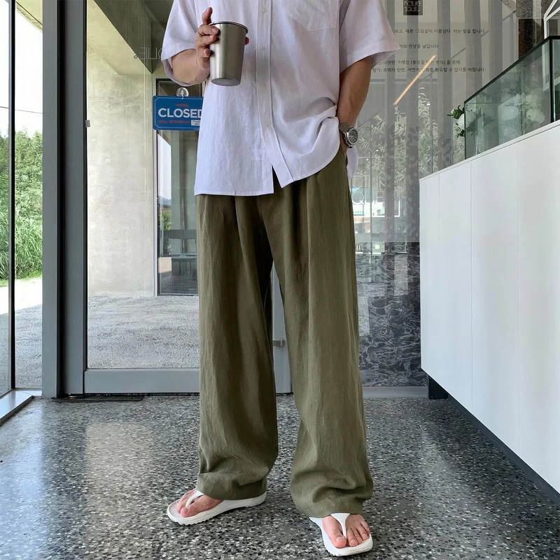 여름 남성용 얇은 린넨 캐주얼 바지, 게으르고 다재다능한 통기성 스트레이트 팬츠, 루즈한 드레이프 와이드 레그 팬츠
