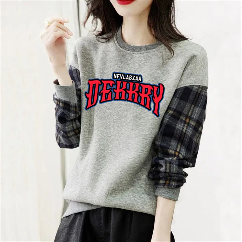 Korean Simple Letters Rose Floral Print Plaid Patchwork Female Sweatshirt Autumn Casual O Neck Long Sleeve Pullover Top Clothing