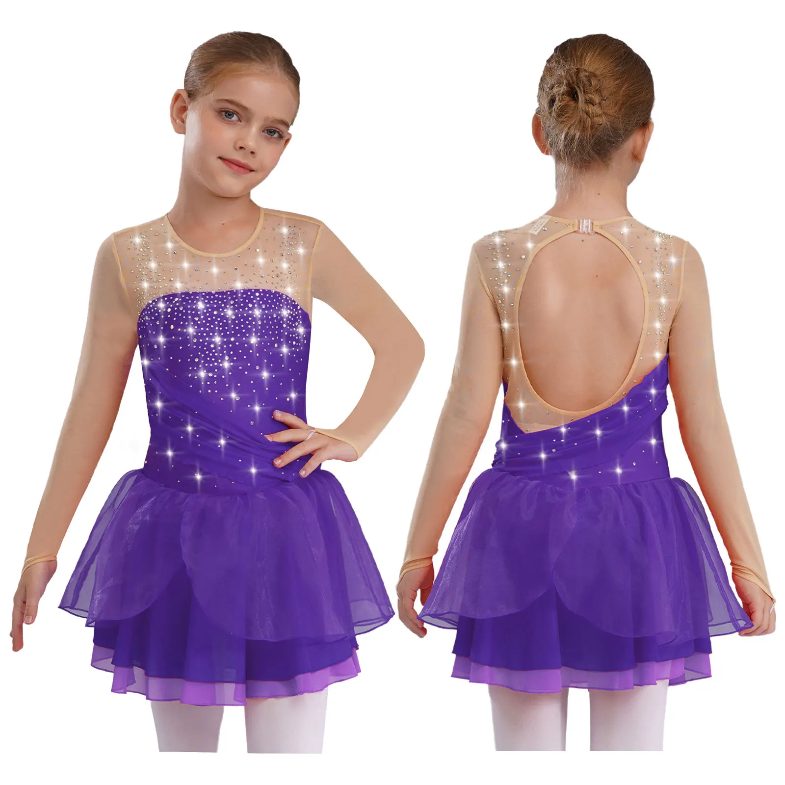 Kinder Mädchen Ballett Kleid Eiskunstlauf Gymnastik Dancewear Rundhals Ärmellos Glänzende Strasssteine Tiered Rüschen Tutu Kleid – Detail 20