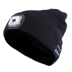 Bluetooth Beanie Hat with LED Headlamp and Wireless Headphones (Black)