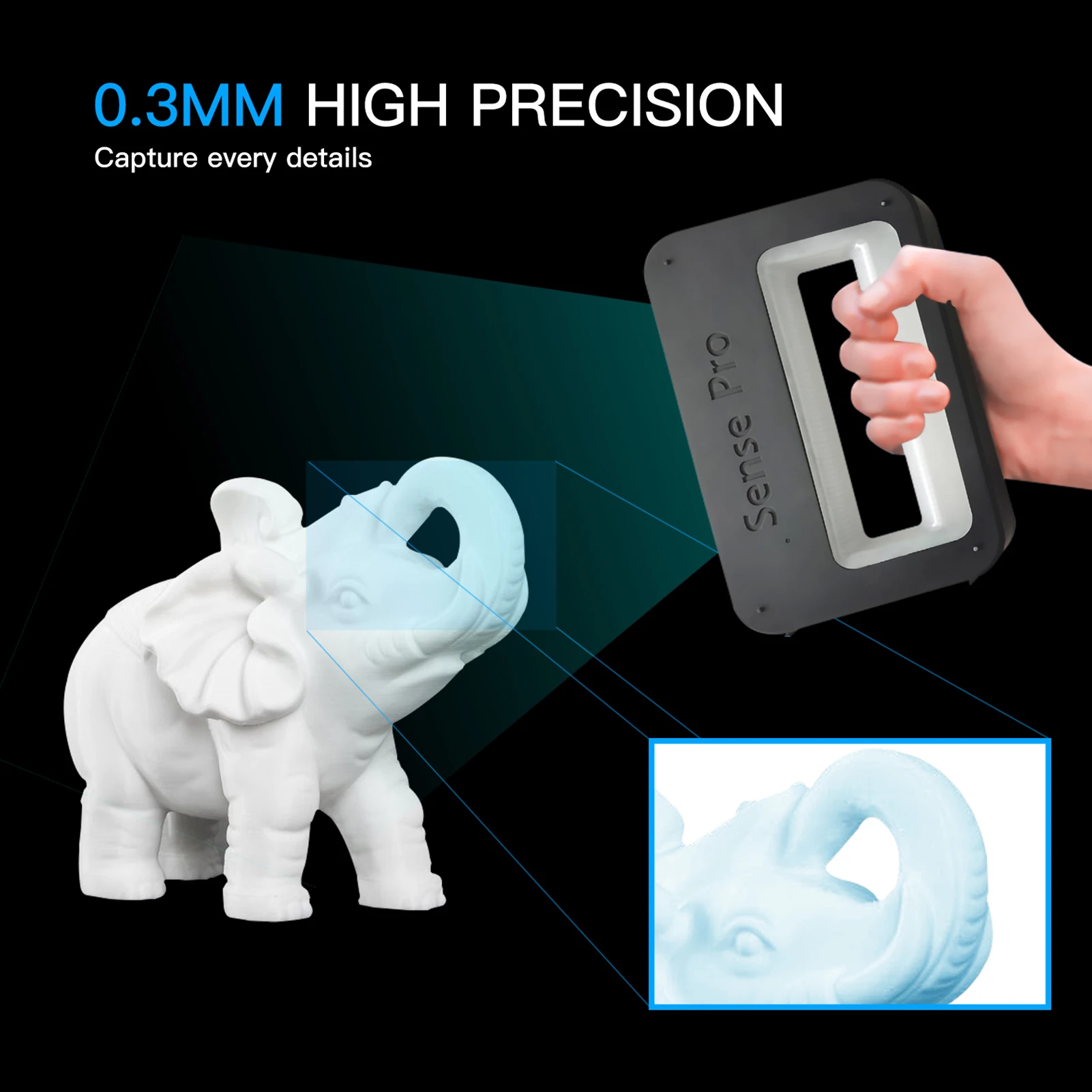 Sense Pro 휴대용 모바일 3D 모델링 스캐너, 고정밀 정확도, 0.3mm 지지대 OBJ, STL, PLY 출력