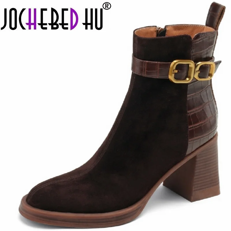 

【JOCHEBED HU】Retro Genuine Leather Square Toe Women Ankle Boots Leather Casual Outdoor Shoes Four Season Short Boots 34-40