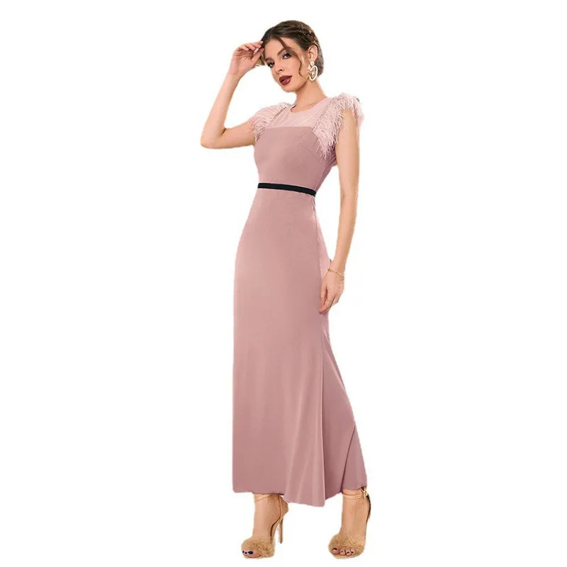 Long Sleeveless Abaya Dress for Women, Elegant Feather Robe, Islam Abaya, Pink, Slim, Dubai, Morocco, Summer