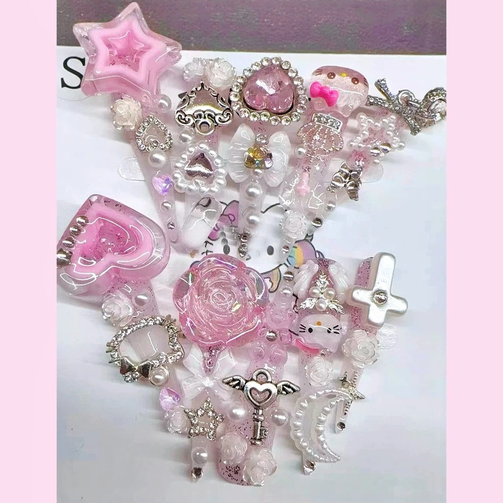 Y2K 스파이시 걸 산리오 헬로키티 롱 코핀 팁 프레스온 네일 다이아몬드 펄 보우 매듭 헤비메탈 모든 성도의 날 가짜 네일