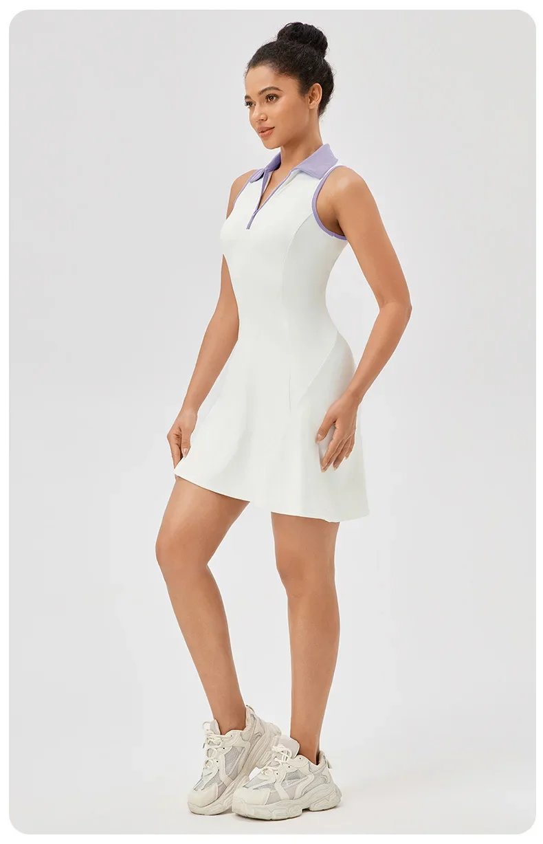 Women Summer Tennis Dress Solid Color Lapel Slim Fit Running Skirt Breathable Golf Dress Yoga Wear Workout Clothes