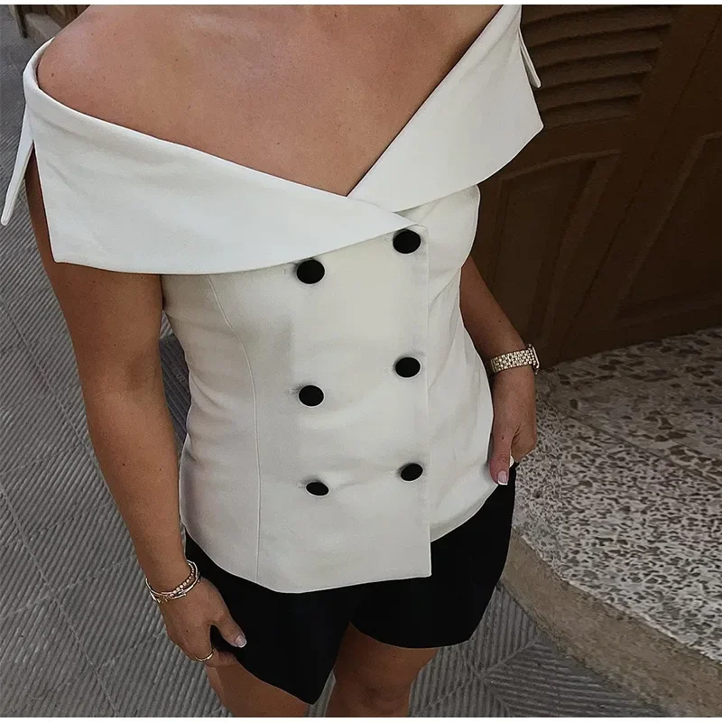 Fashion Off Shoulder Double-breasted Vest Women Sexy Slim Sleeveless Waistcoat Summer New Ladies Fashion Tops Streetwear