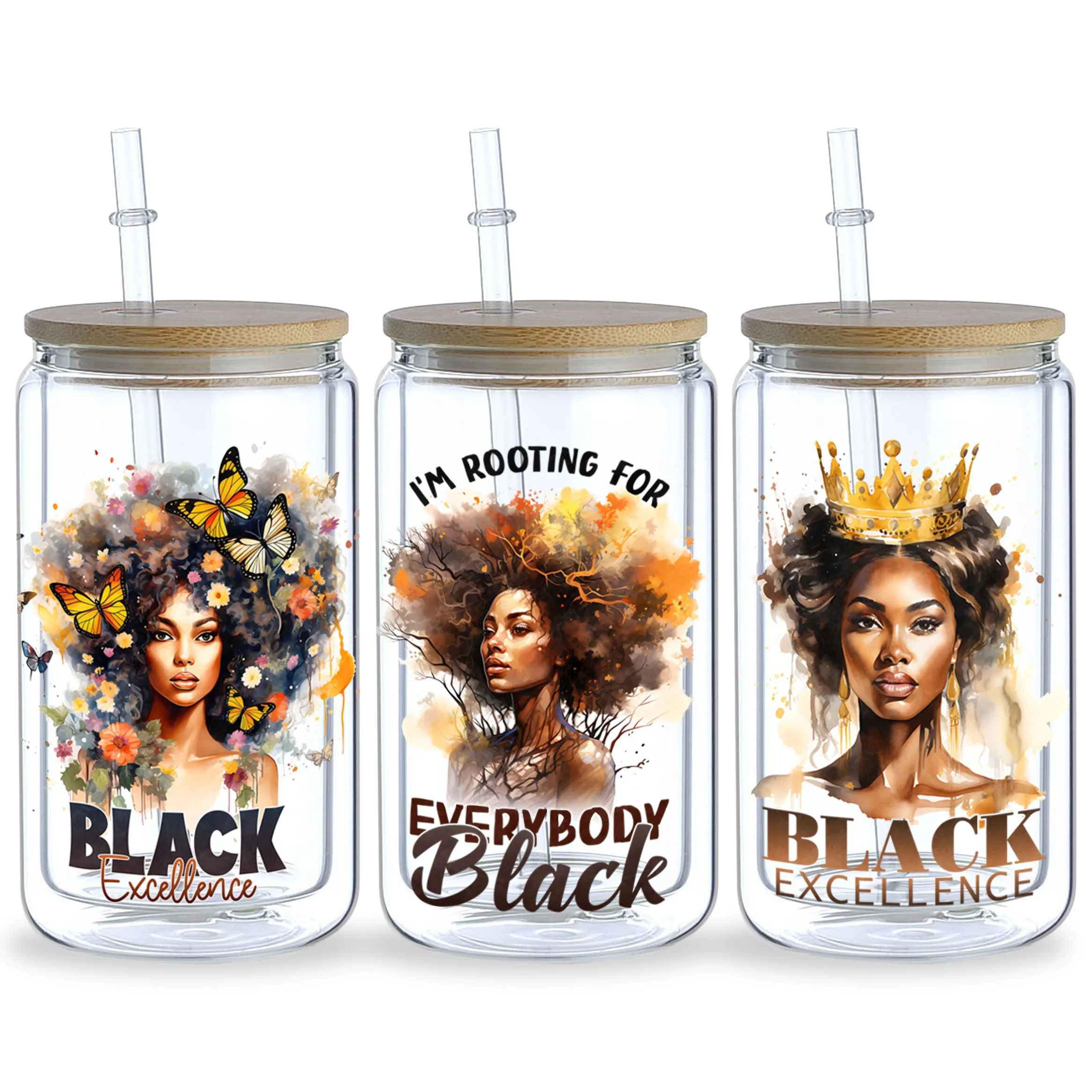 Black Queen UV DTF Cup Stickers 5 Sheets Glass DTF Transfer Stickers Waterproof Wipe Transfer Paper for 16 oz Glass Mugs