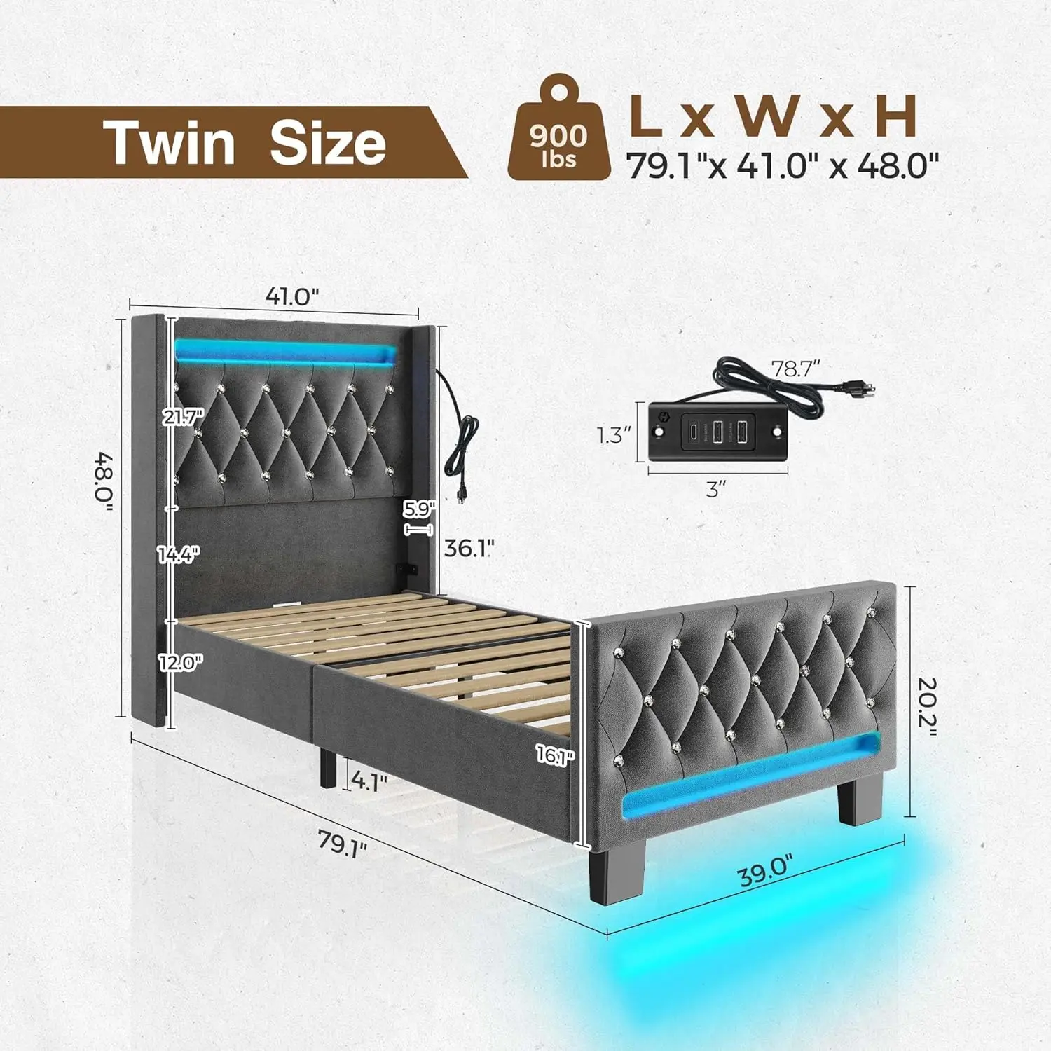 Twin Bed Frame with LED Light and Charging Station, Upholstered High Headboard and Footboard, Wood Slats, Noise Free, Grey 2
