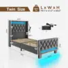 Twin Bed Frame with LED Light and Charging Station, Upholstered High Headboard and Footboard, Wood Slats, Noise Free, Grey 2
