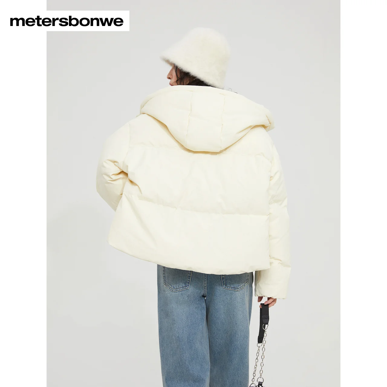 Metersbonwe Short  Down Jacket Women Lapel Collar Parker Coat Ladies 2023 New Fashion Basic Warm Jackets White Outerwear