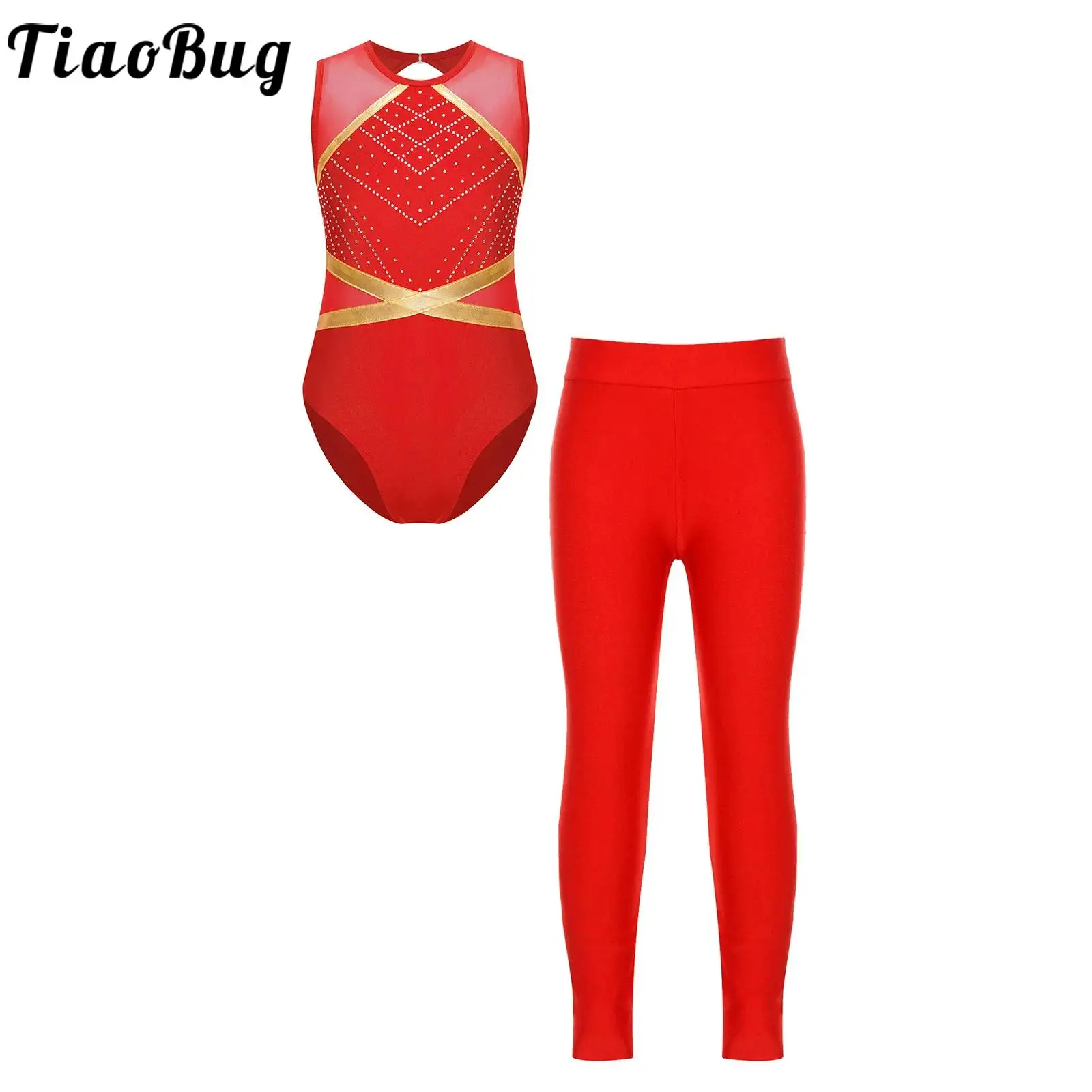 

Kids Girls Sport Set Rhinestones Sleeveless Gymnastics Leotard Jumpsuit Keyhole Back Patchwork Bodysuit with Leggings for Dance