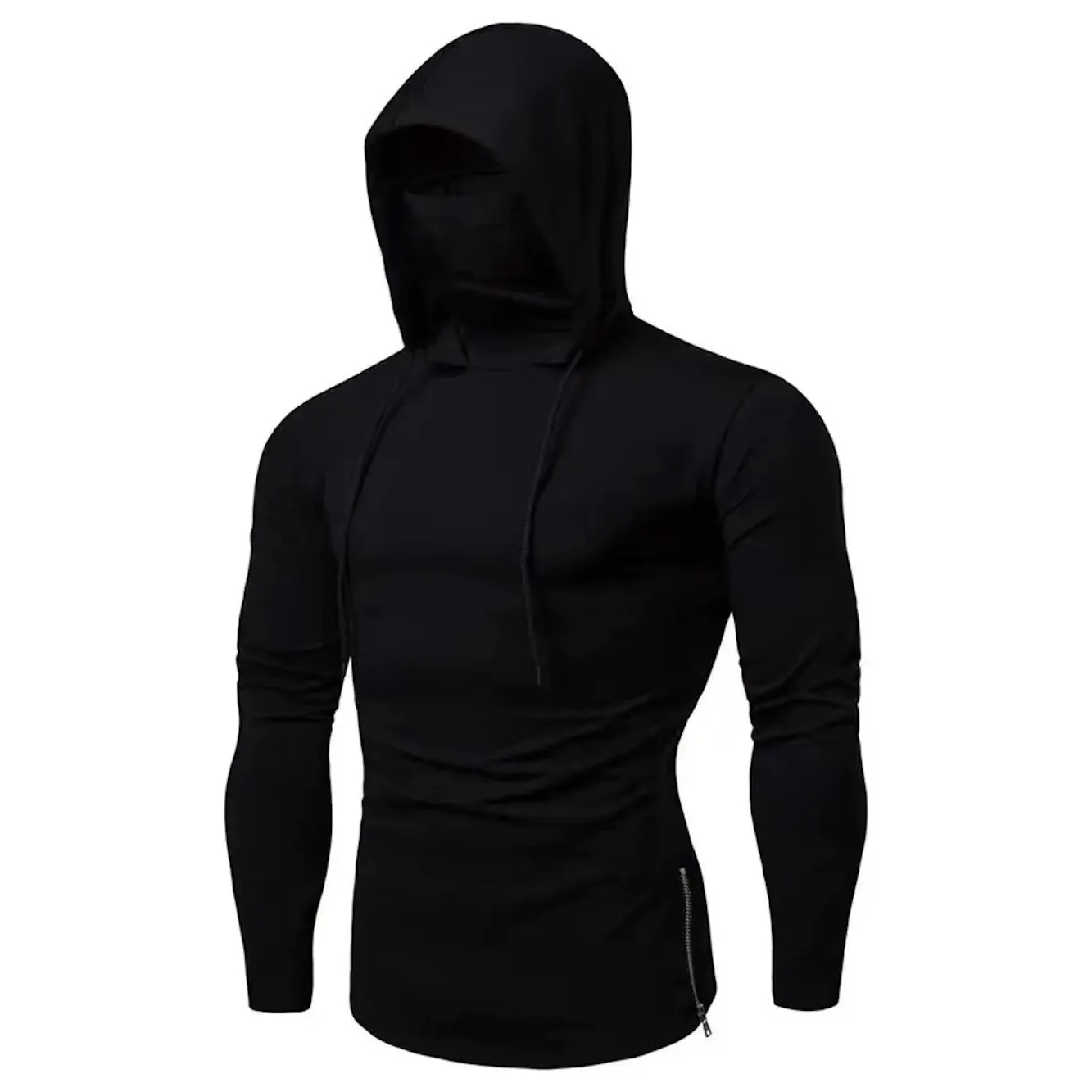 Men Solid Color Zip Up Hoodie Fashion Slim Fit Long Sleeve with Mask Design