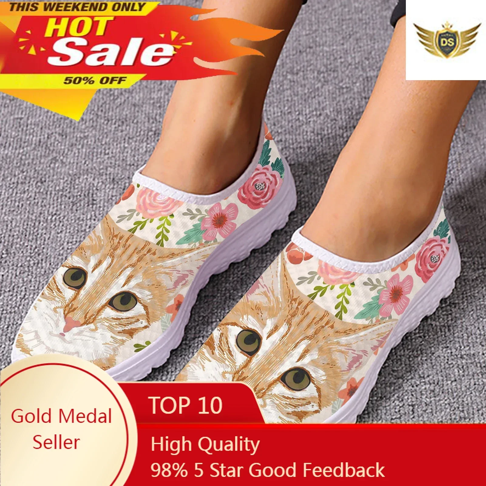 Cute Cartoon Orange Cat/kitten Hibiscus Print Summer Women's Shoes Comfortable Flat Loafers Soft Sole Slip On Shoes