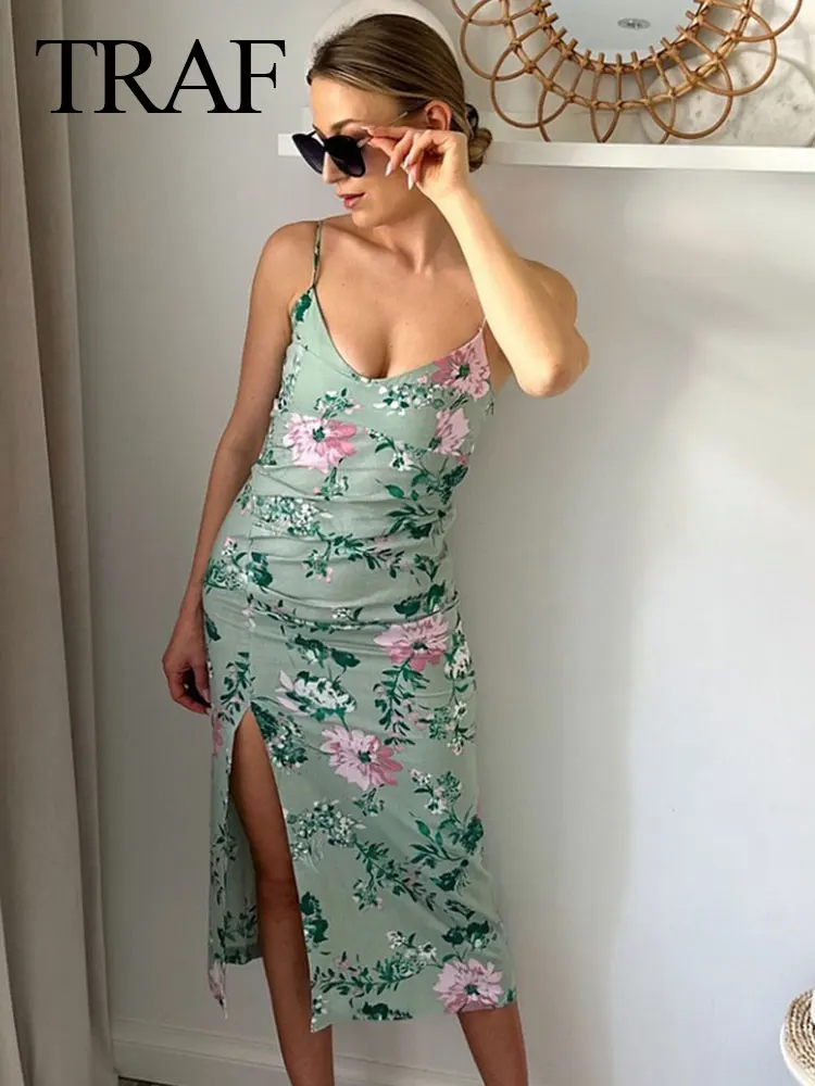 

TRAF 2024 Woman Sexy Sleeveless Backless Beach Party Slip Dress Women Chic Print Fold Zipper Decoration Mid-Length Dress