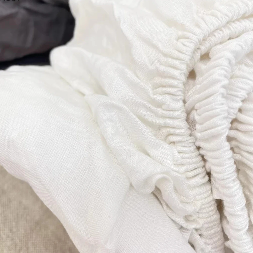 Pure Linen Fitted Bed Sheet With 360 Elastic Band Quilted Mattress Protector Cover for Single Double King Queen Size Bedsheet
