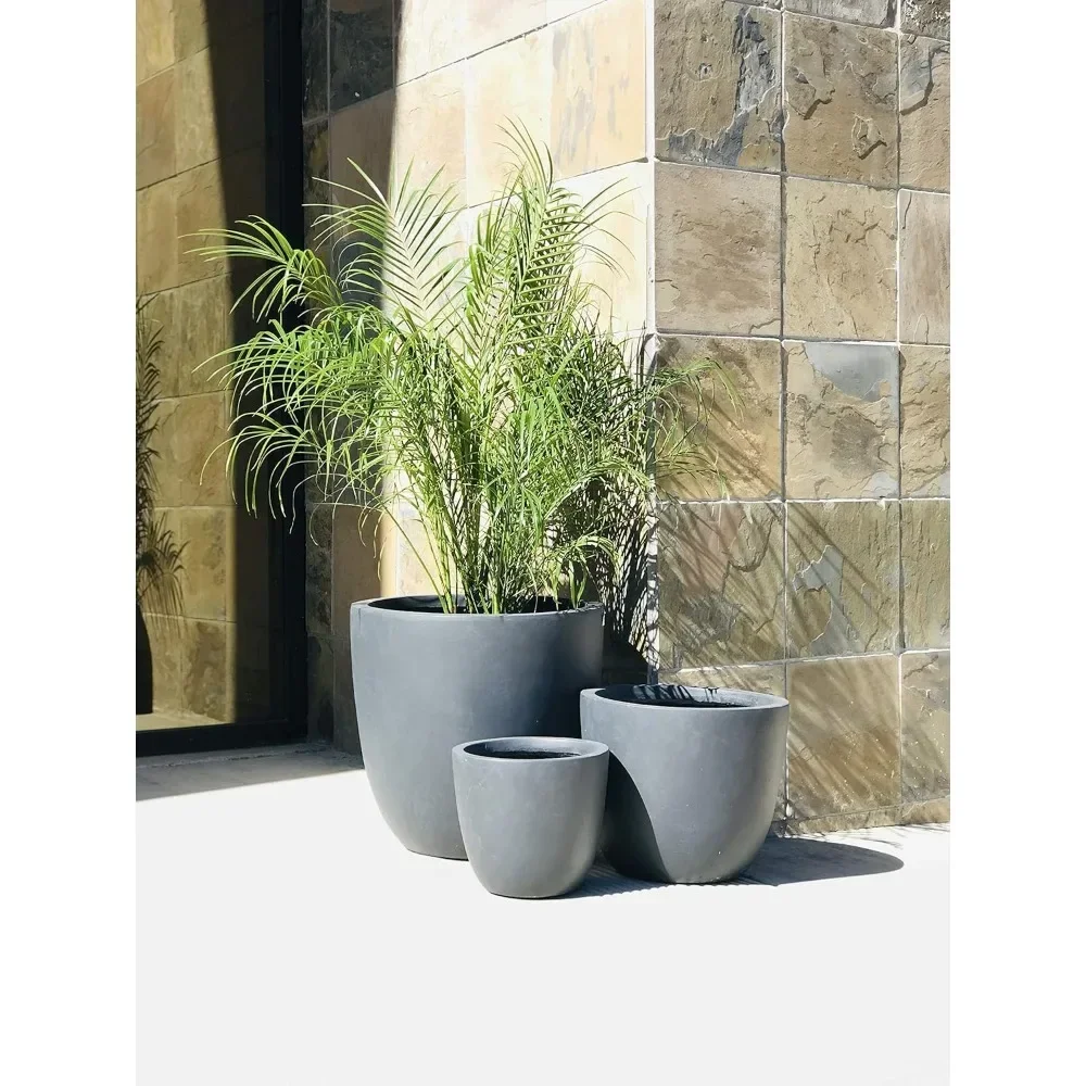 

10" Concrete Round Flower Pot Set of 3,Outdoor Indoor Large Flower Pot with Drainage Hole and Rubber Plug for Home Patio Garden