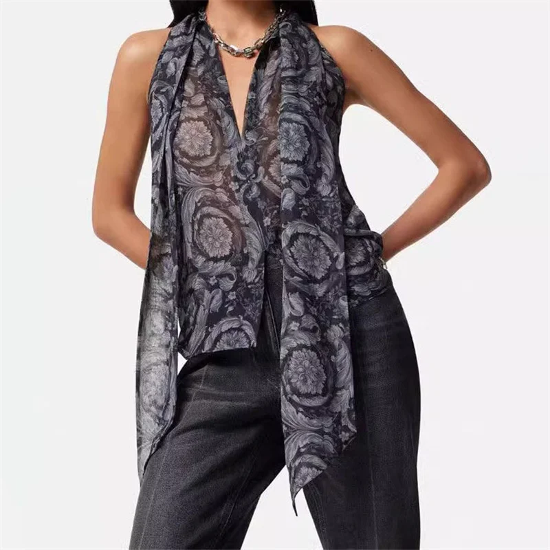 

Top women 2024 Summer New Fashion Printed Sleeveless Top 100% mulberry silk T-shirt Neck collar crop top Women's Vest Tank top