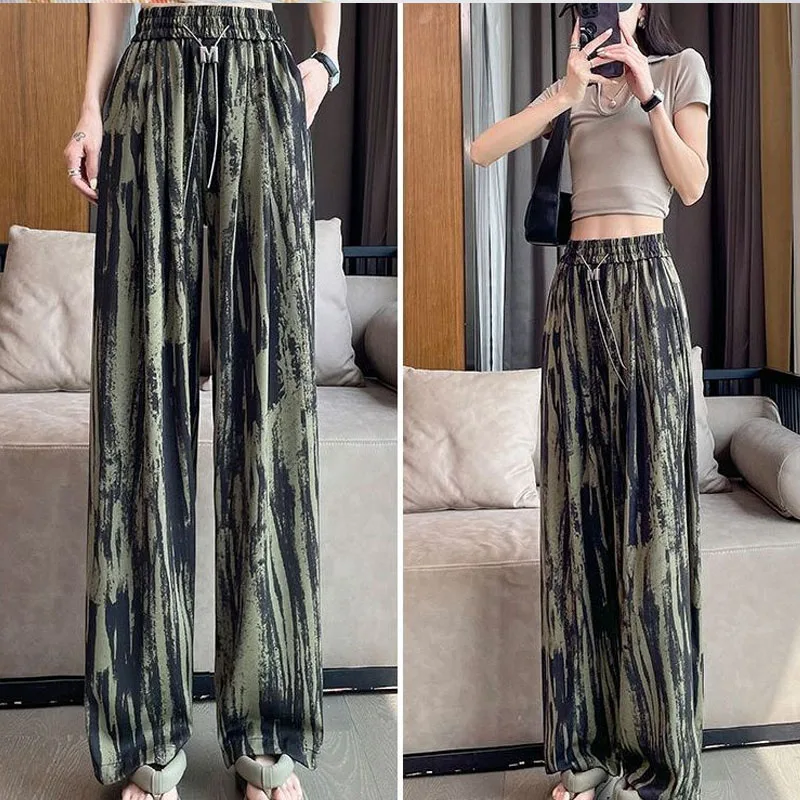 Ice Shreds Tie Dye Wide Leg Pants Lady Summer Thin Style High Waisted Sagging Sensation Straight Cylinder Loose Casual Mop Pants