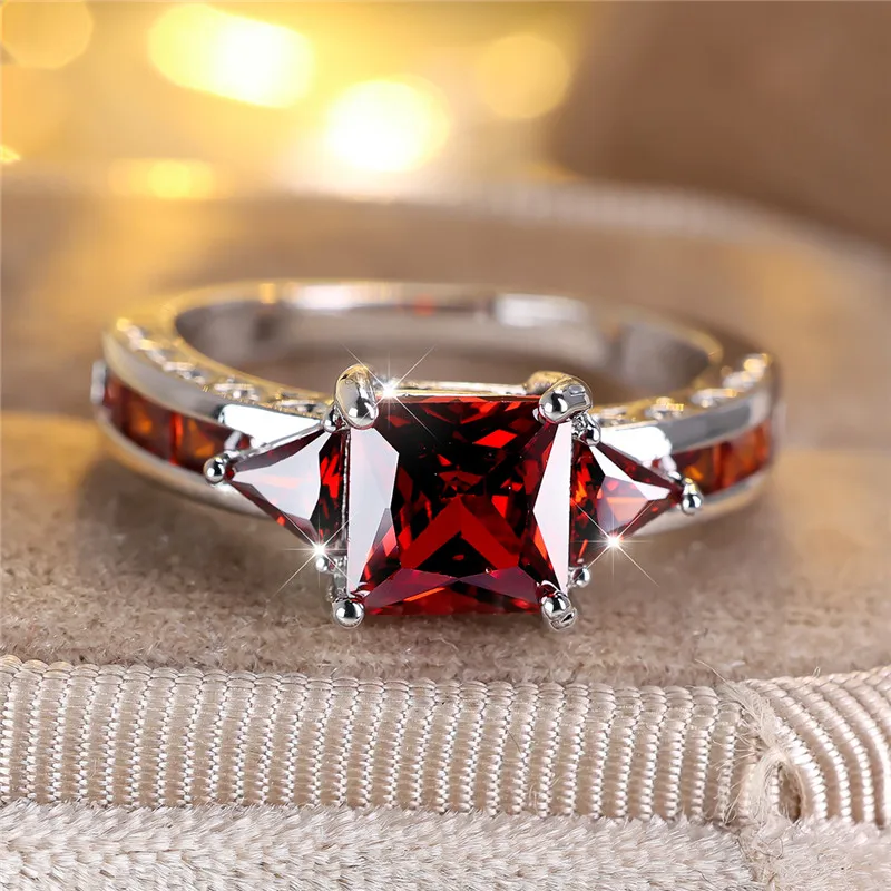 Cute Female Green Red Square Zircon Stone Engagement Ring Silver Color Wedding Jewelry For Women