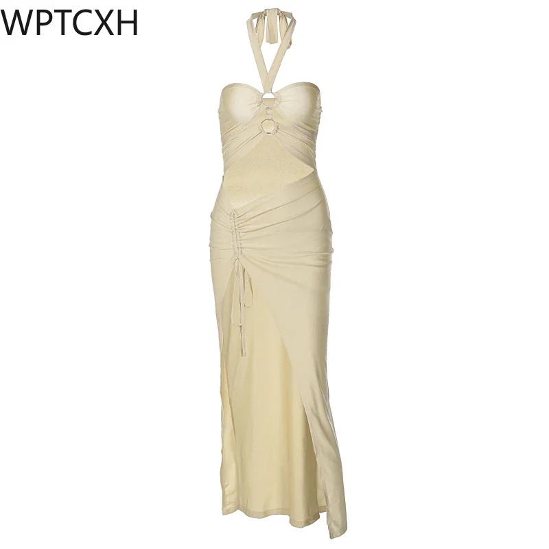 

2024 Spring Summer Elegant Outfit Party Satin Solid Halter Backless Draped Hollow Out Shirring Bandage Slim Maxi Prom Dress Sexy