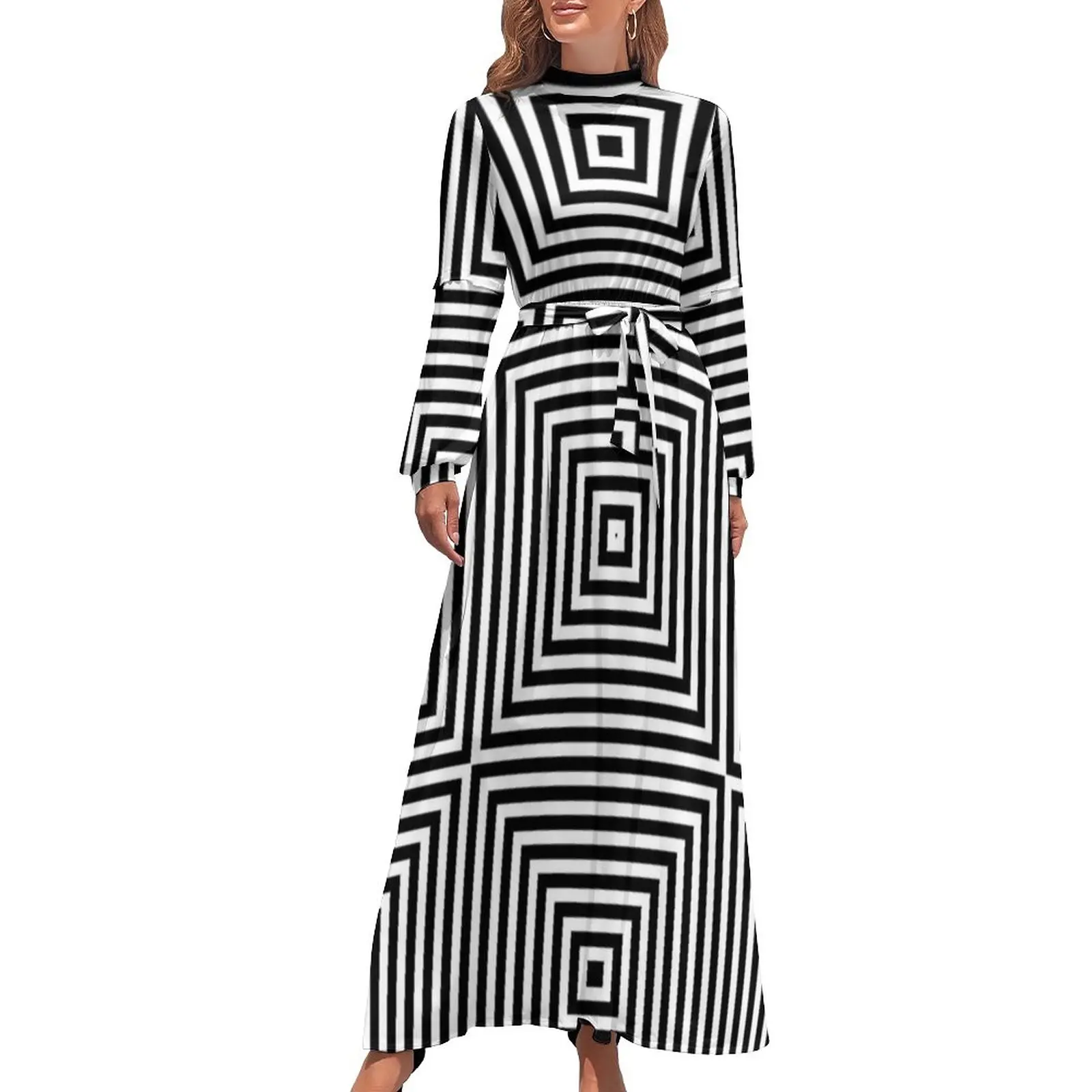 

Психоделическое платье, квадратное модное платье макси с рисунком оптической иллюзии, платье с высоким воротником и длинным рукавом, пляжные длинные платья в стиле бохо
