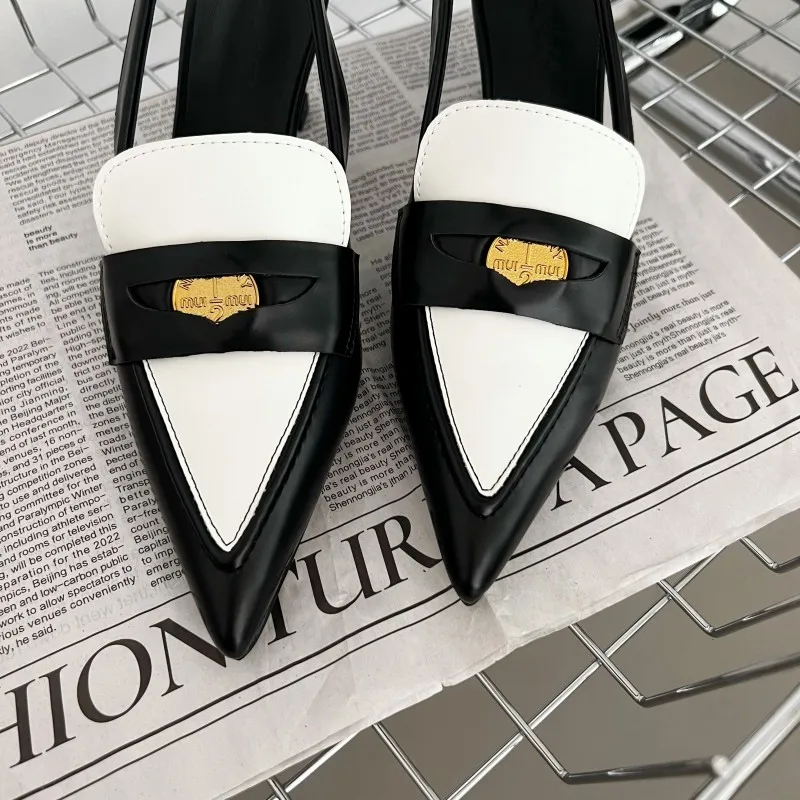 Summer Pointy Mixed Color PU Leather Low Heels Women's Sandals Elastic Belt Pumps Metal Decorative Dress Woman Shoes Stiletto