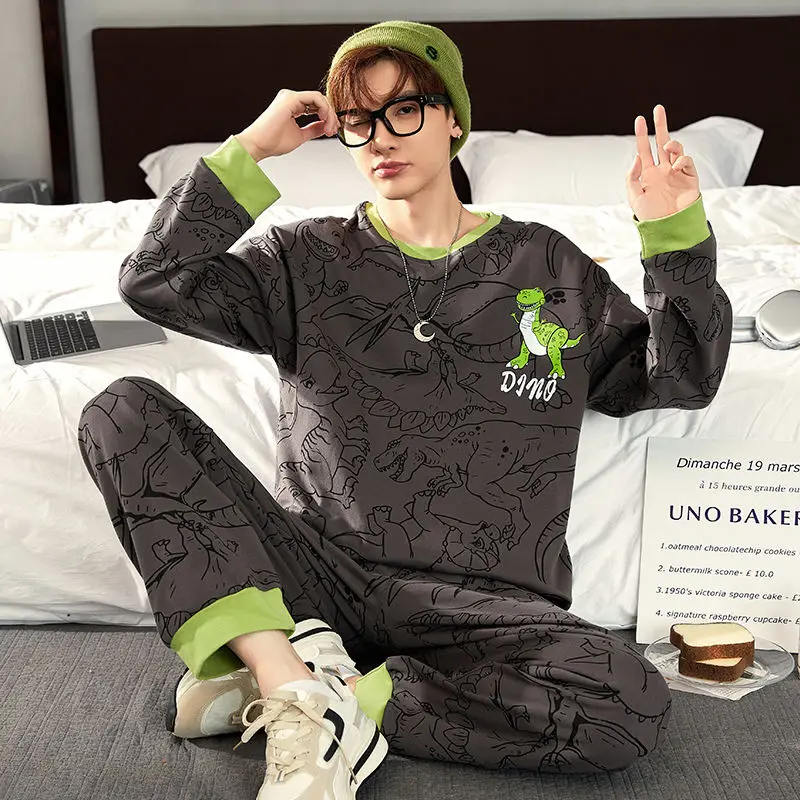 Men Pajamas Teenagers Cartoon Pure Cotton Long Sleeve Long Pants Nightclothes Suit Spring Autumn Male Round Neck Casual Homewear