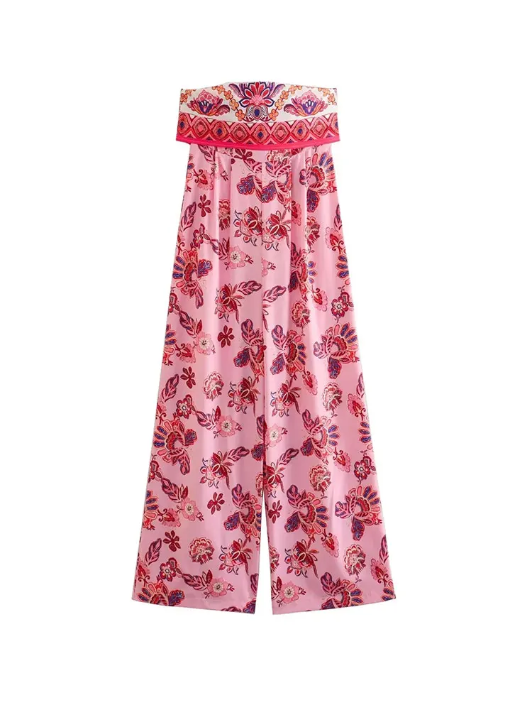 TRAF 2023 Summer Woman Chic Printed Jumpsuits Fashion Off Shoulder Sleeveless  Causal Elegant Slim Playsuits