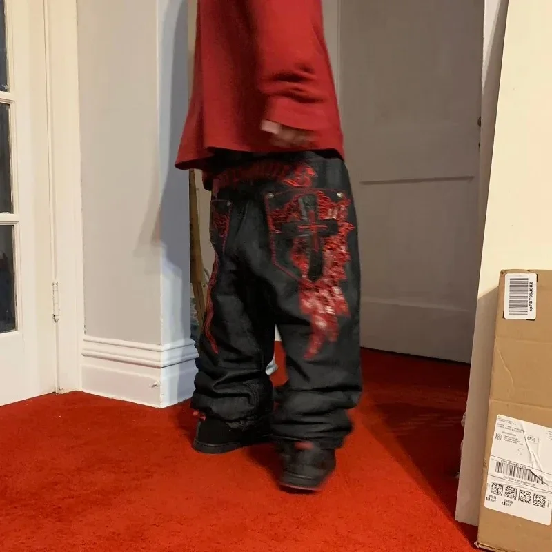 Street Popular Pattern Embroidery Mopping Jeans Men Y2K New Harajuku Hip Hop Loose Oversized Wide-leg Pants Couple Casual Jeans 2