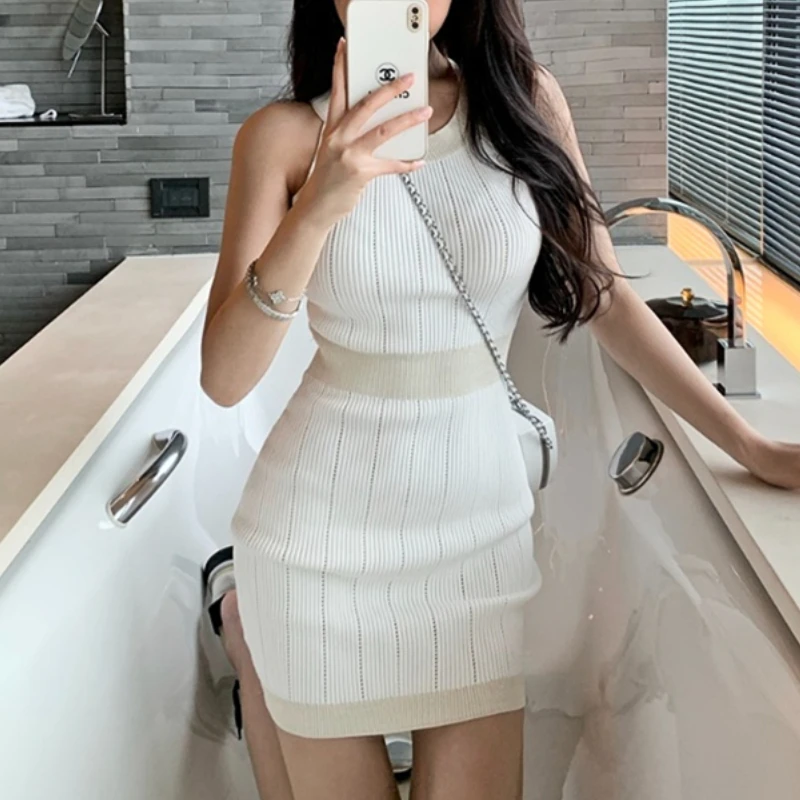 

Shiny Silk Button Tank Dress Women's Sheath Mini Knitting Halter Neck Off Shoulder Summer 2023 New Elegant Sexy Party Lady Skirt