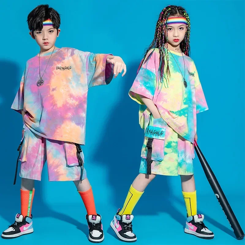 

Streetwear Cargo Shorts Hip Hop Stage Costume Kid Kpop Outfit Clothing for Girl Boy Graphic Tee Tie Dye Oversized T Shirt Top
