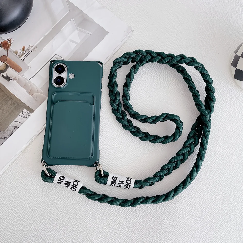 Braided Crossbody Strap Lanyard Phone Case with Wallet Card Holder and Silicone Cover