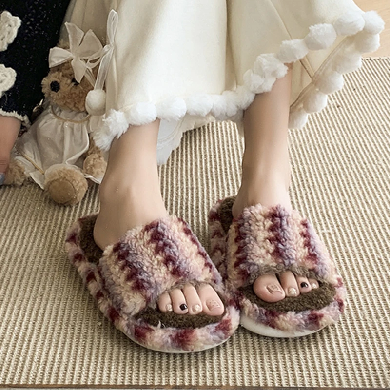 Korean Patchwork Fluffy Home Slippers Woman Indoor Soft Sole Open Toe Cotton Slippers Woman Fashion Non Slip Warm House Slides