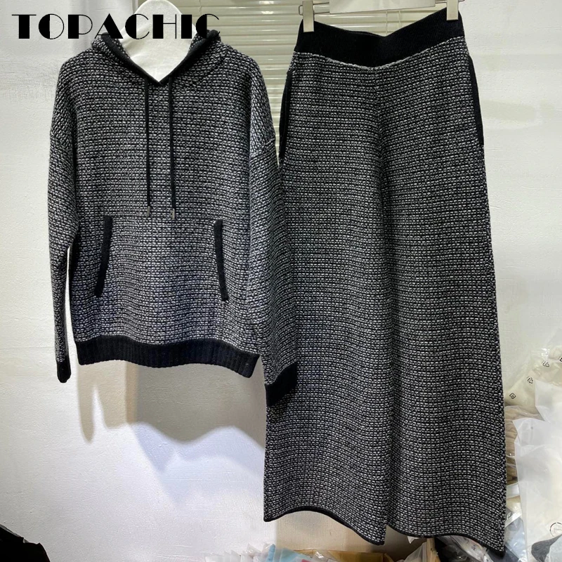 

10.28 TOPACHIC Women's 2 Piece Set High Quality Hooded Kangaroo Pocket Cashmere Knit Thick Pullover Sweater With Wide Leg Pants