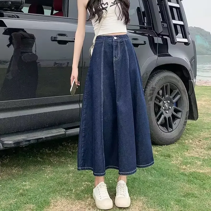 Women's Korean Fashion Denim Midi Skirt High Waist A-Line Elastic Waist Vintage Washed Denim Fabric Casual Long Denim Skirt 1