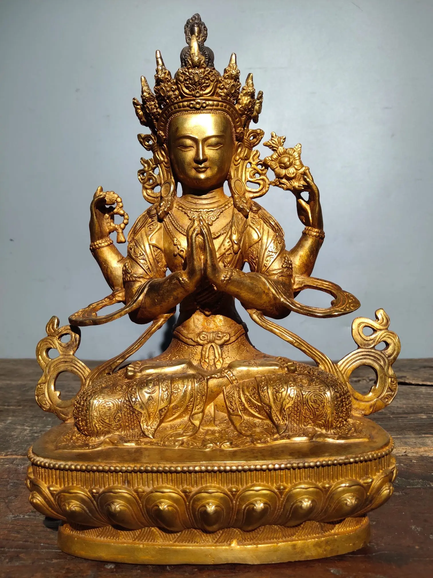 

12"Tibetan Temple Collection Old Bronze Gilt Four armed Guanyin Lotus Platform Enshrine the Buddha Town House Exorcism