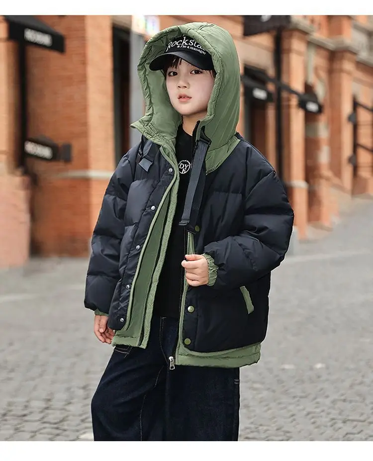 Farbblockierte, mit Baumwolle gefütterte Jacke für den Winter, mit Daunen gepolstert, verdickte Kapuze, Herbst-Winter-Kleidung, kurzes Oberteil für ältere Kinder – Detail 16