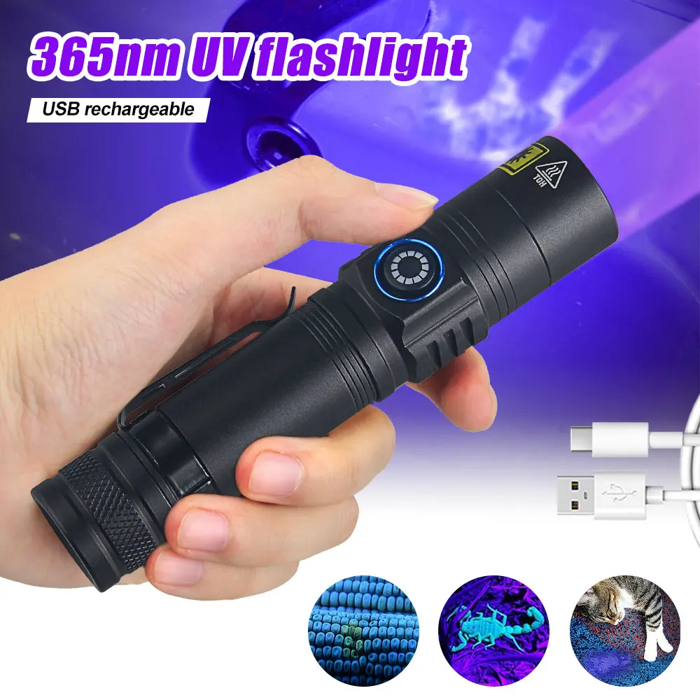 미니 365nm 395NM UV 손전등 자외선 블랙 라이트 USB 충전식 보라색 Linternas 카펫 애완 동물 소변 감지기 캐치 전갈