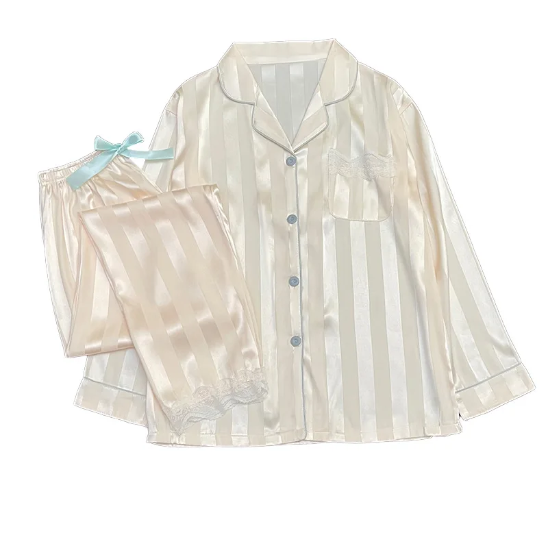 Ling Solid Striped Summer Pajamas Sweet Bow-knot Ice Silk Satin Sleepwear Women 2PCS Fashion Women's Home Wear Short Sleeved Set
